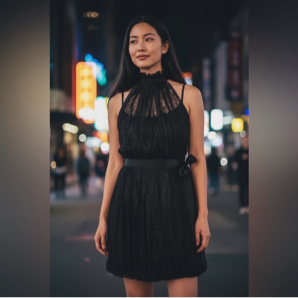 bebe Black Halter Lace Midi Dress